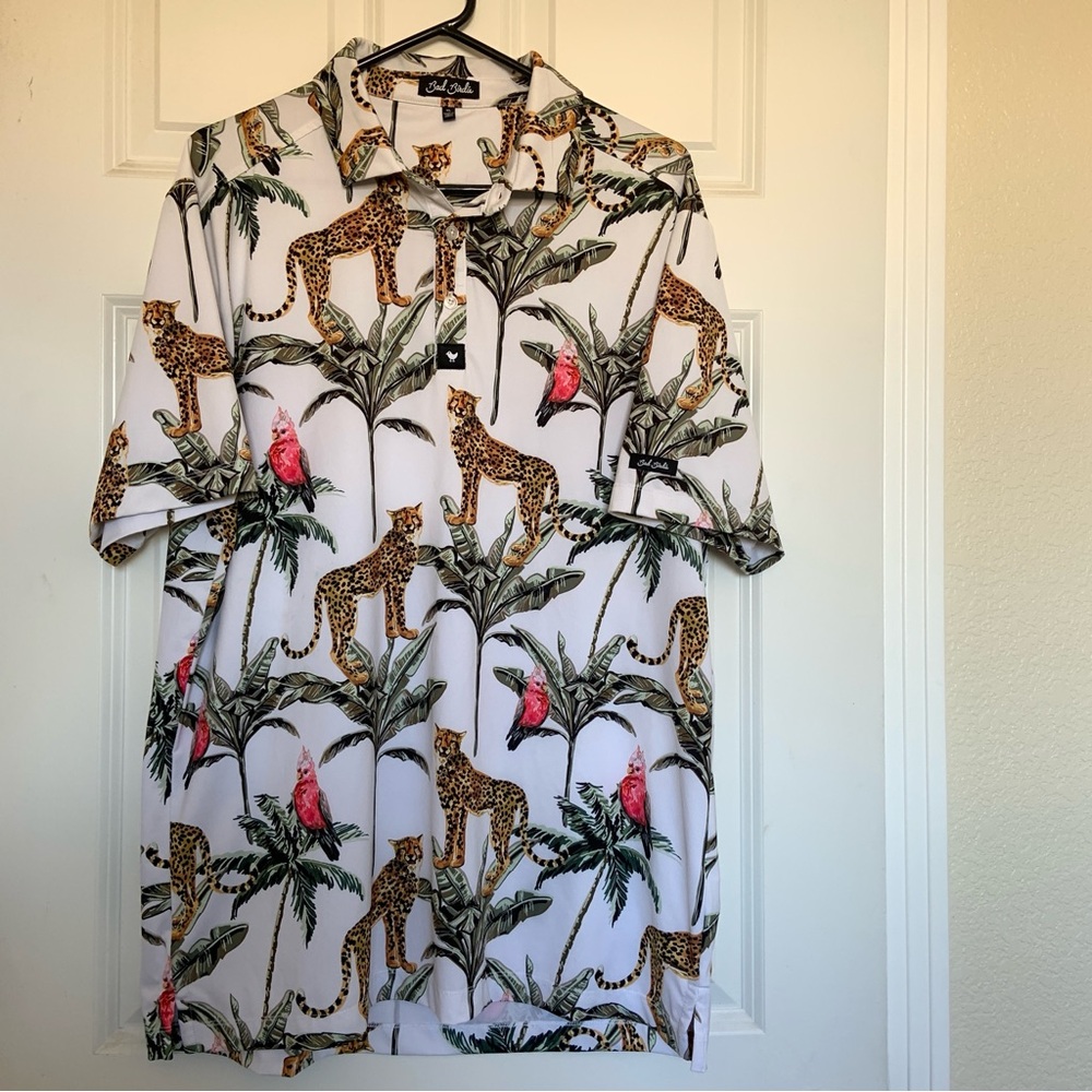 Bad Birdie XL Jungle Cheetah Tropical Print Golf Polo Shirt